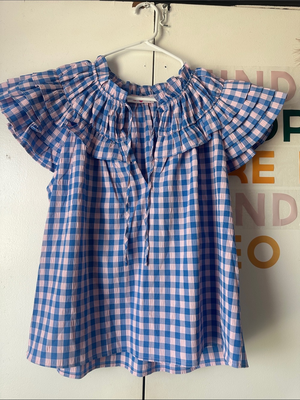 Buddy Love Pink & Blue Gingham Ruffle Neck Top